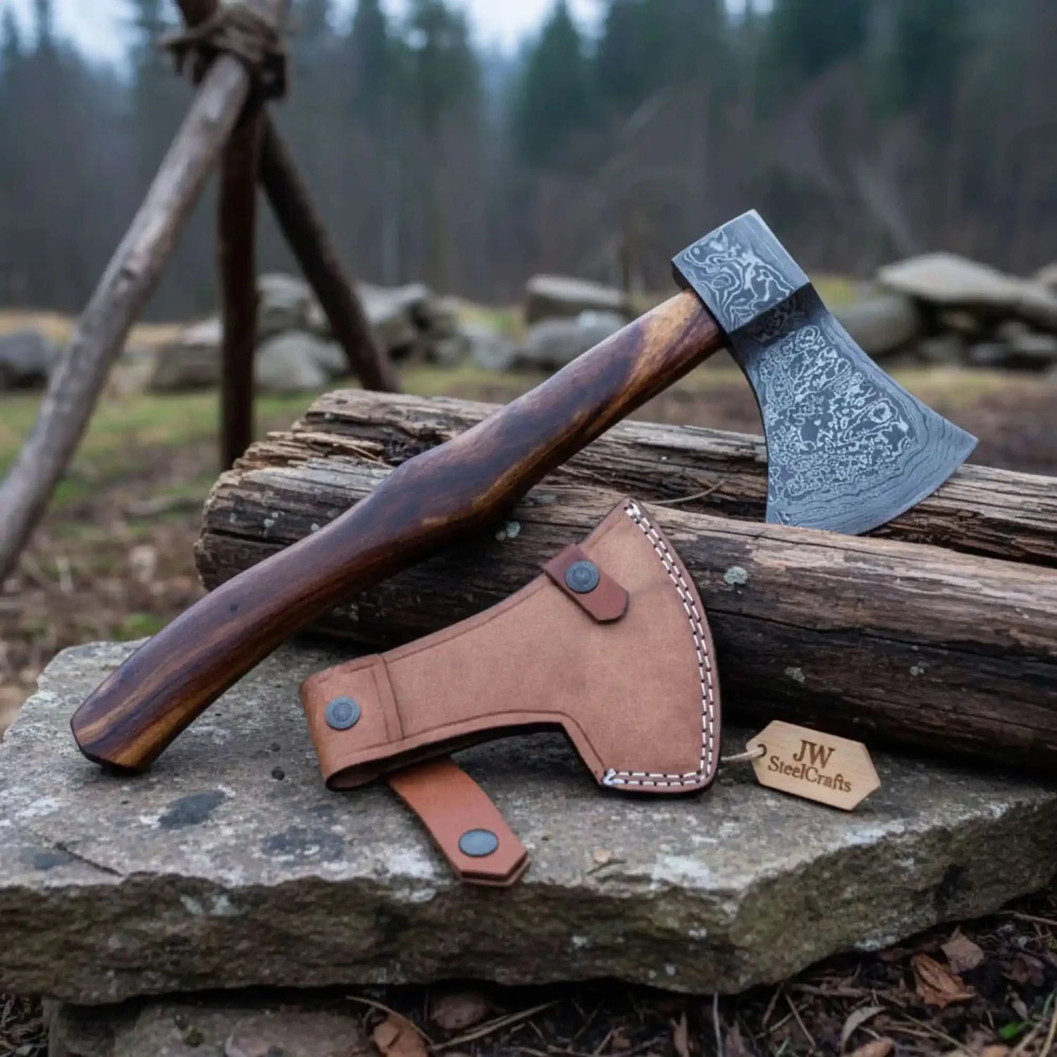Hand Forged Damascus Steel Broad Edge Belt Axe with Hardwood Handle and Leather Sheath | JW SteelCrafts