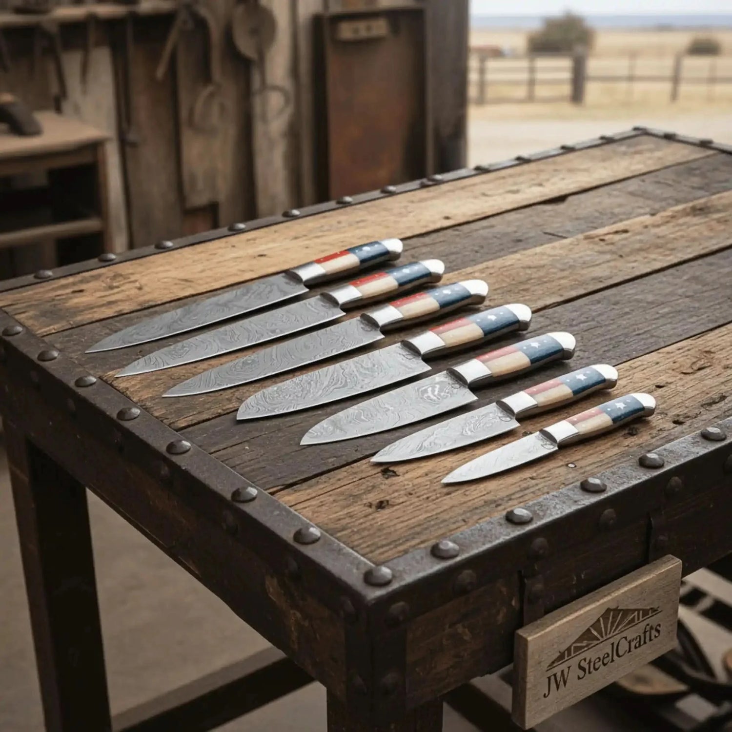 8-Piece Damascus Kitchen Knife Set — Texas Flag Handles, Full Tang Chef, Bread, Santoku, Utility &amp; Paring Knives