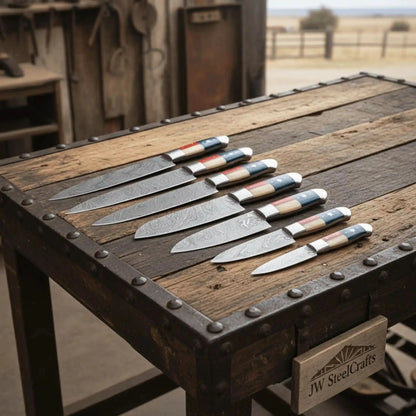 8-Piece Damascus Kitchen Knife Set — Texas Flag Handles, Full Tang Chef, Bread, Santoku, Utility &amp; Paring Knives