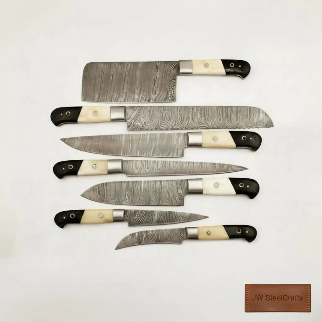 7-Piece Damascus Kitchen Knife Set — Chef, Cleaver, Bread, Santoku, Utility &amp; Paring Knives with White Bone and Black Resin Handles