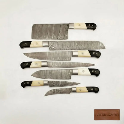 7-Piece Damascus Kitchen Knife Set — Chef, Cleaver, Bread, Santoku, Utility &amp; Paring Knives with White Bone and Black Resin Handles