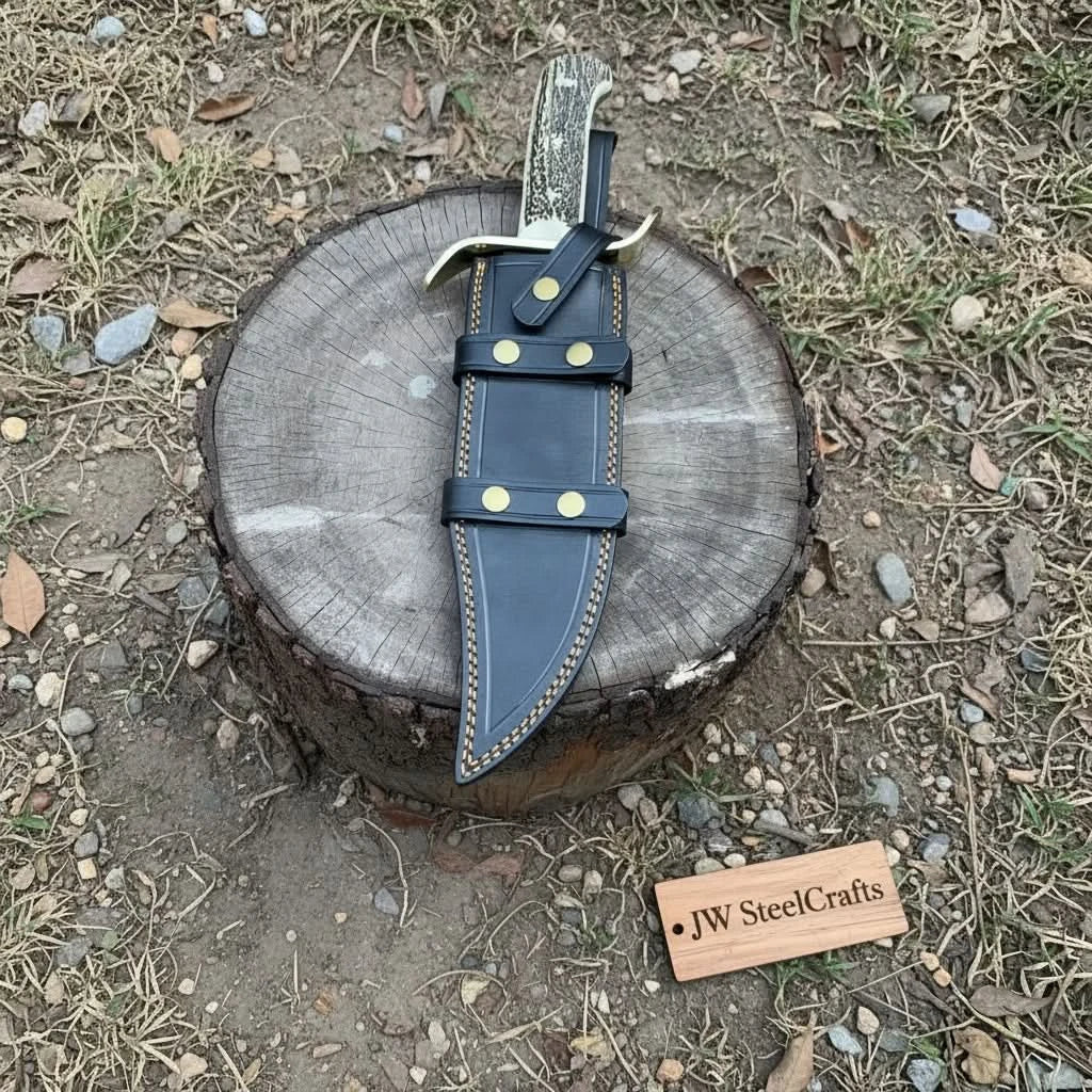 Hand Forged Damascus Bowie Knife with Stag Handle &amp; Belt Sheath