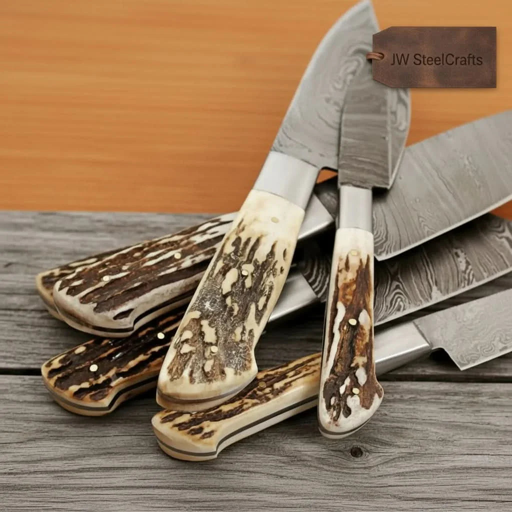 7-Piece Damascus Kitchen Knife Set — Synthetic Stag Horn Handles, Brass Bolsters &amp; Full Tang Forged Blades