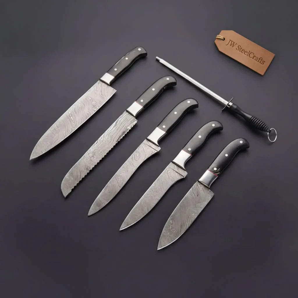 5-Piece Damascus Kitchen Knife Set — 9" Uniform Blades, Black Handles with Steel Bolsters, Leather Roll &amp; Honing Rod