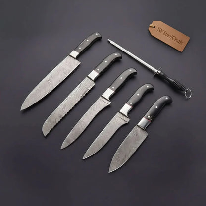 5-Piece Damascus Kitchen Knife Set — 9" Uniform Blades, Black Handles with Steel Bolsters, Leather Roll &amp; Honing Rod
