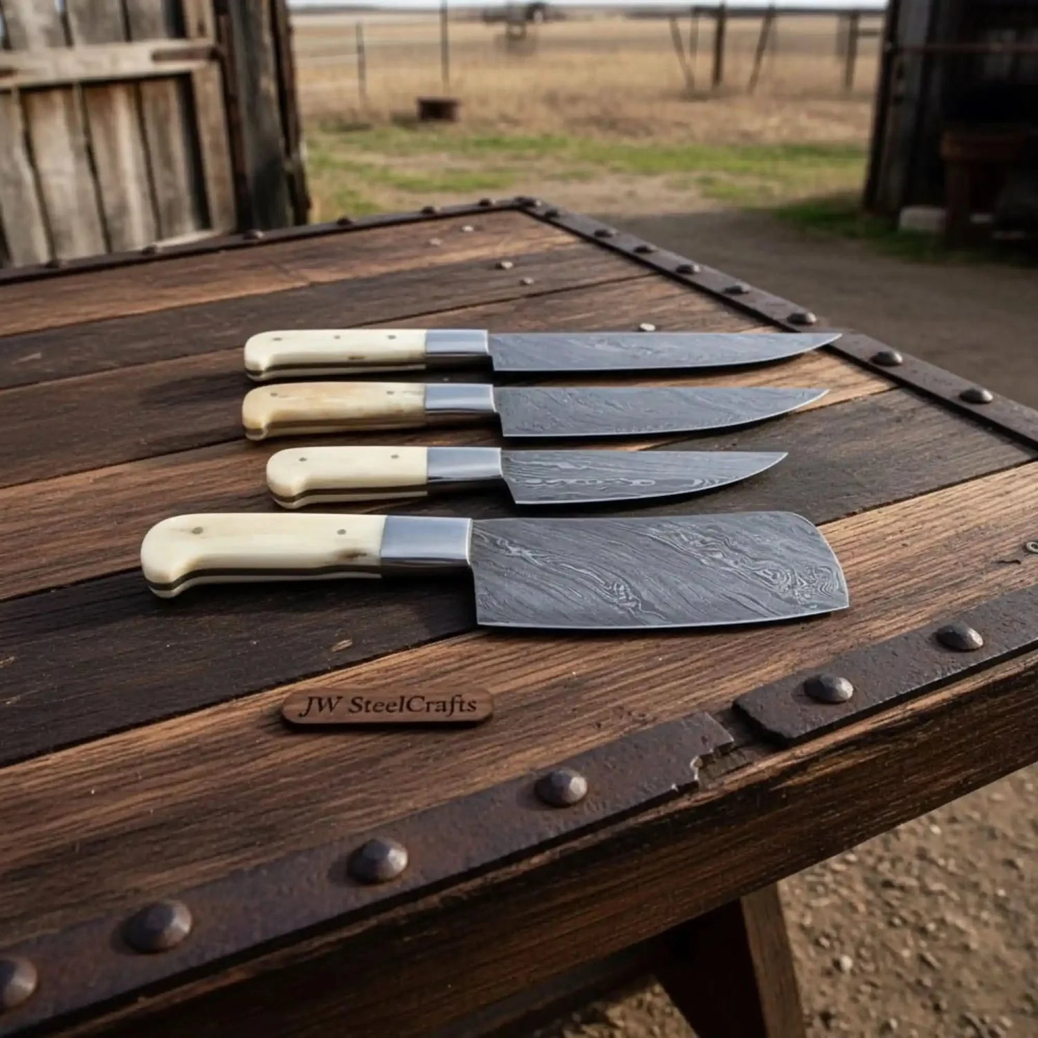 4-Piece Damascus Kitchen Knife Set — Chef, Slicer, Utility &amp; Cleaver with White Camel Bone Handles &amp; Steel Bolsters | JW Steel Crafts