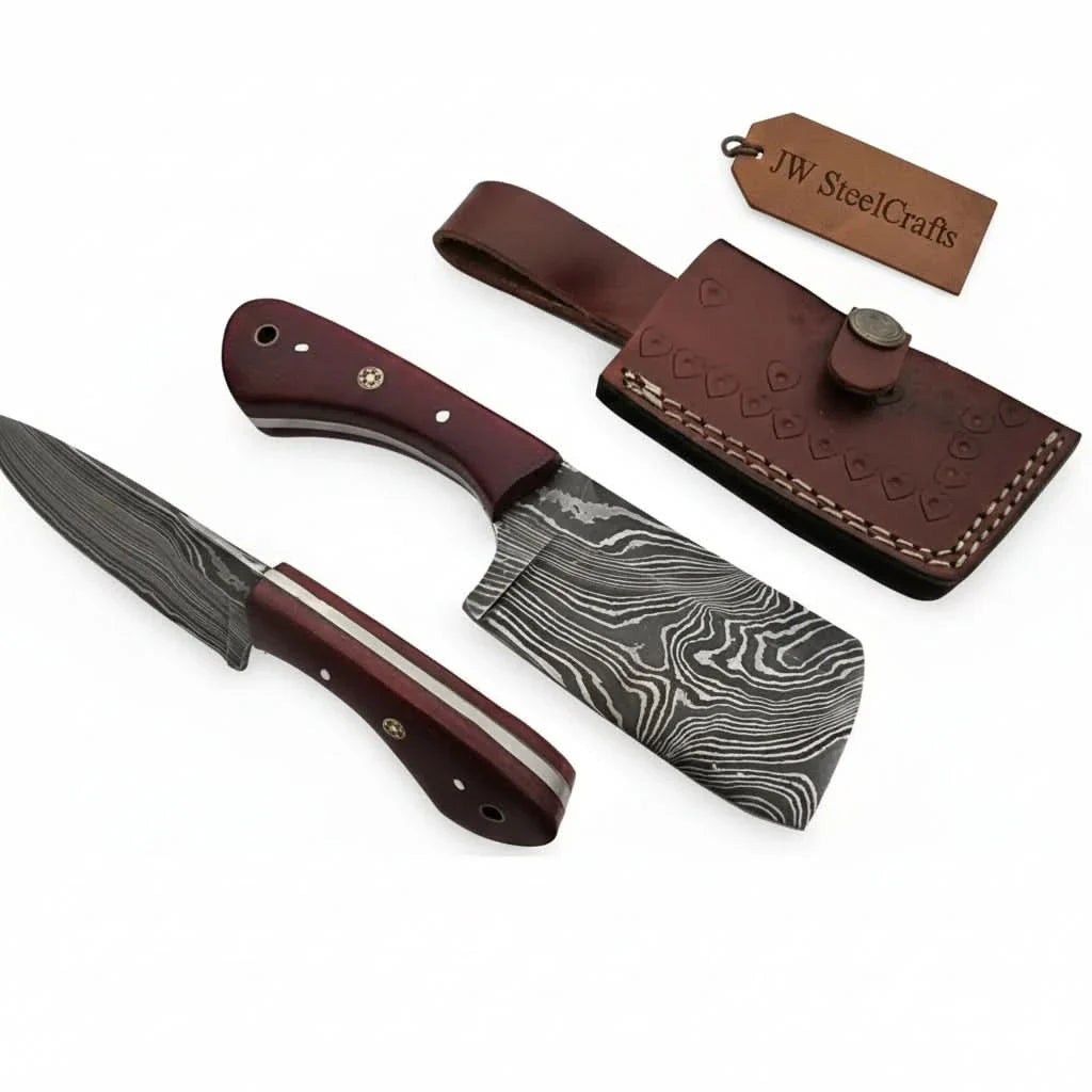 6-Inch Compact Damascus Mini Cleaver — Twisted Pattern Blade, Red Micarta Handle, Mosaic Pin &amp; Tooled Leather Sheath | JW Steel Crafts