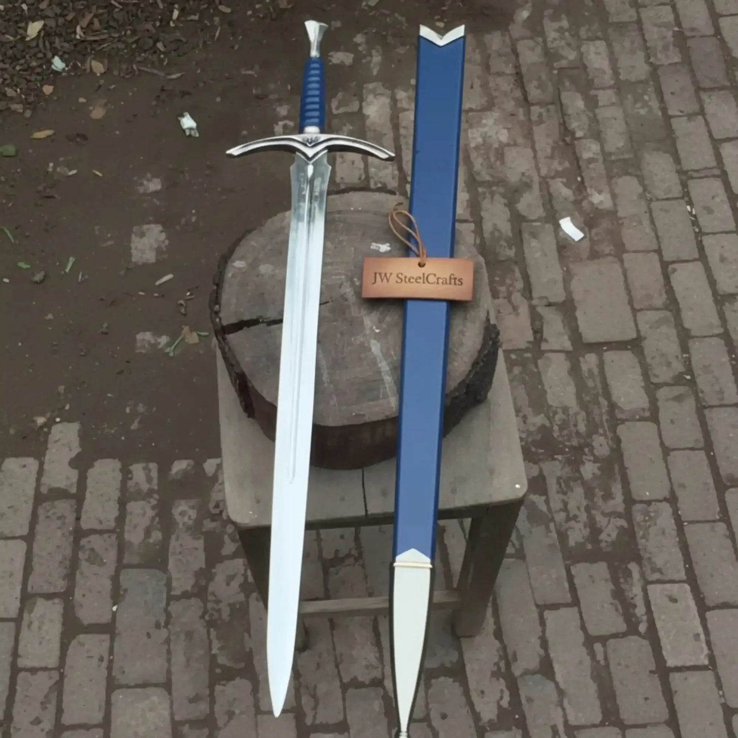 Blue Valor Handmade Medieval Knight Sword Replica | Blue Leather &amp; Polish Blade