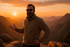 Middle-aged man with a beard, wearing sunglasses and a fleece jacket, posing on a mountain overlook during sunset.