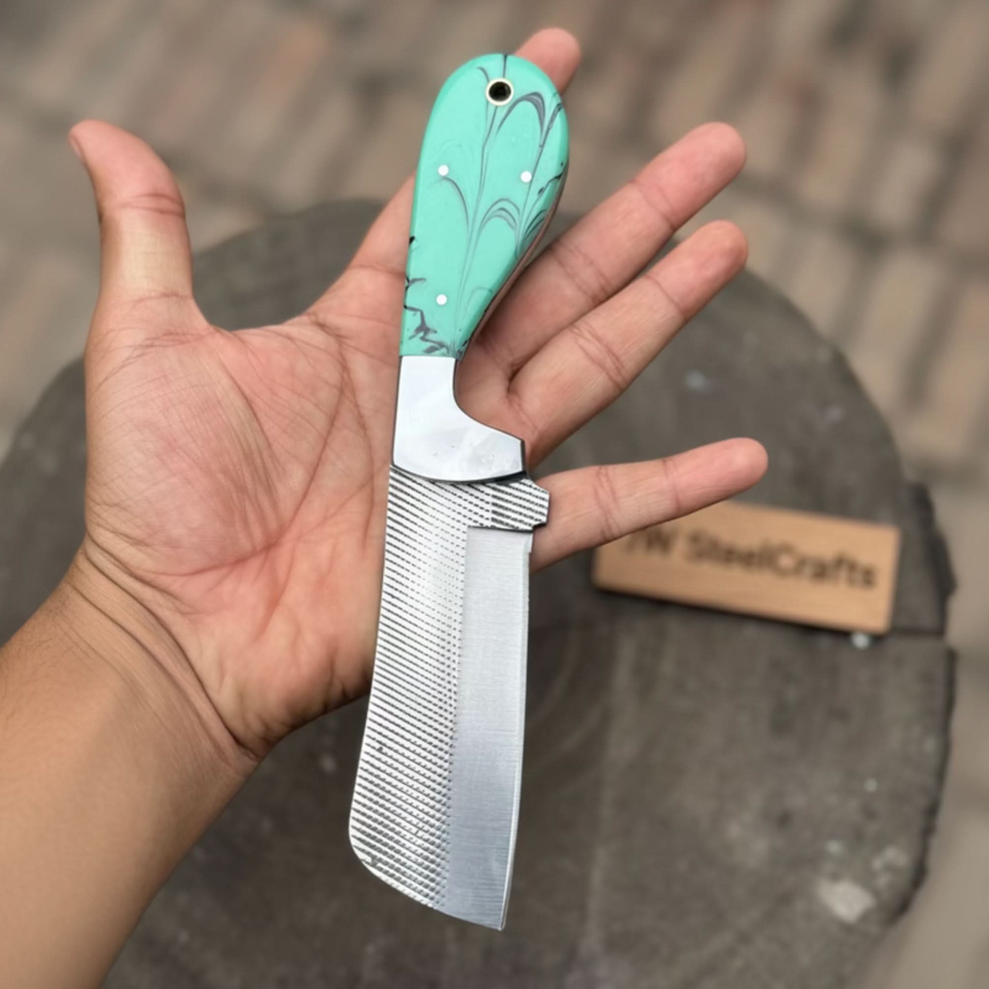 7.5-Inch Rasp Steel Bull Cutter Knife — Teal Marbled Resin Handle, Silver Pins, Lanyard Hole &amp; Leather Sheath | JW Steel Crafts