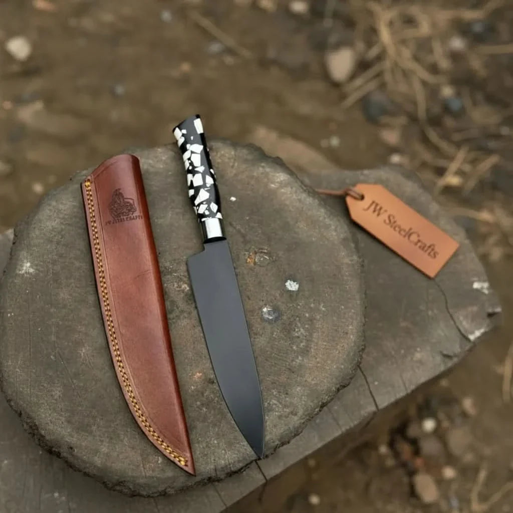 Black Blade Chef Knife Full Tang with Custom Handle &amp; Leather Sheath