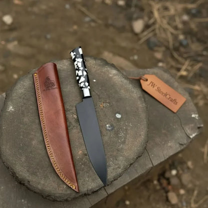 Black Blade Chef Knife Full Tang with Custom Handle &amp; Leather Sheath