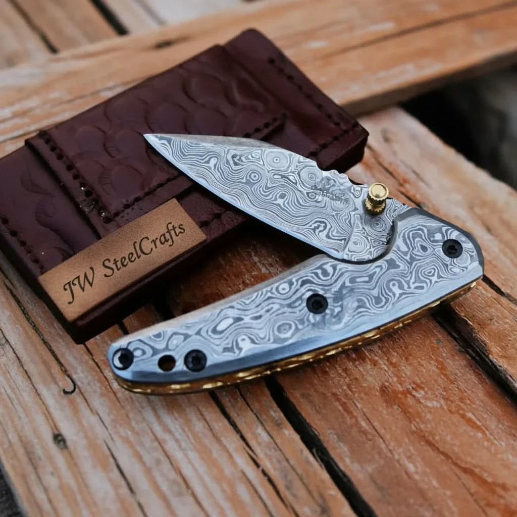 Handmade Damascus Steel Folding Knife with Dark Wood Handle &amp; Leather Sheath