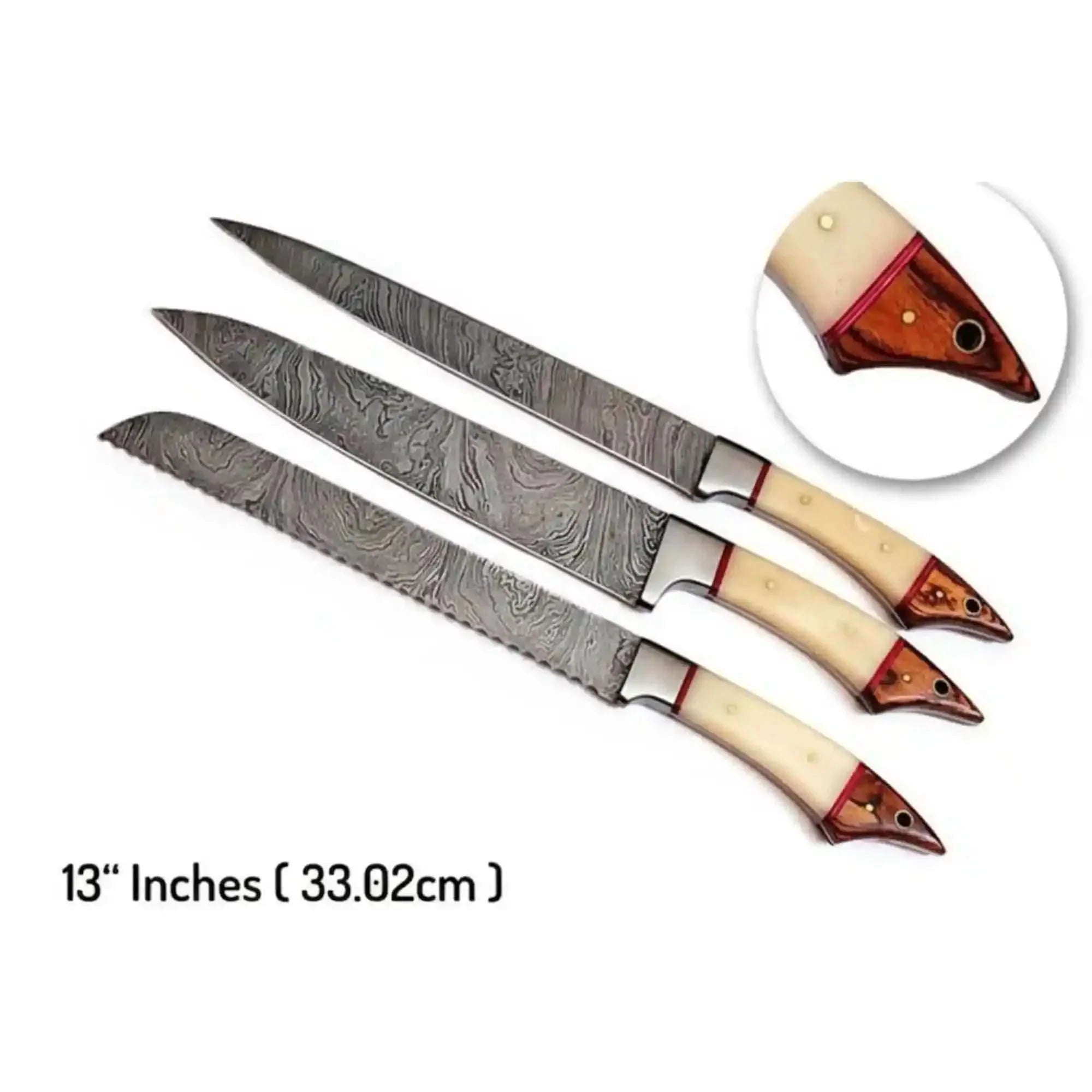 6-Piece Damascus Kitchen Knife Set — Chef, Bread, Fillet, Cleaver &amp; Utility Knives with White Bone and Red Wood Handles, Leather Roll &amp; Sharpener