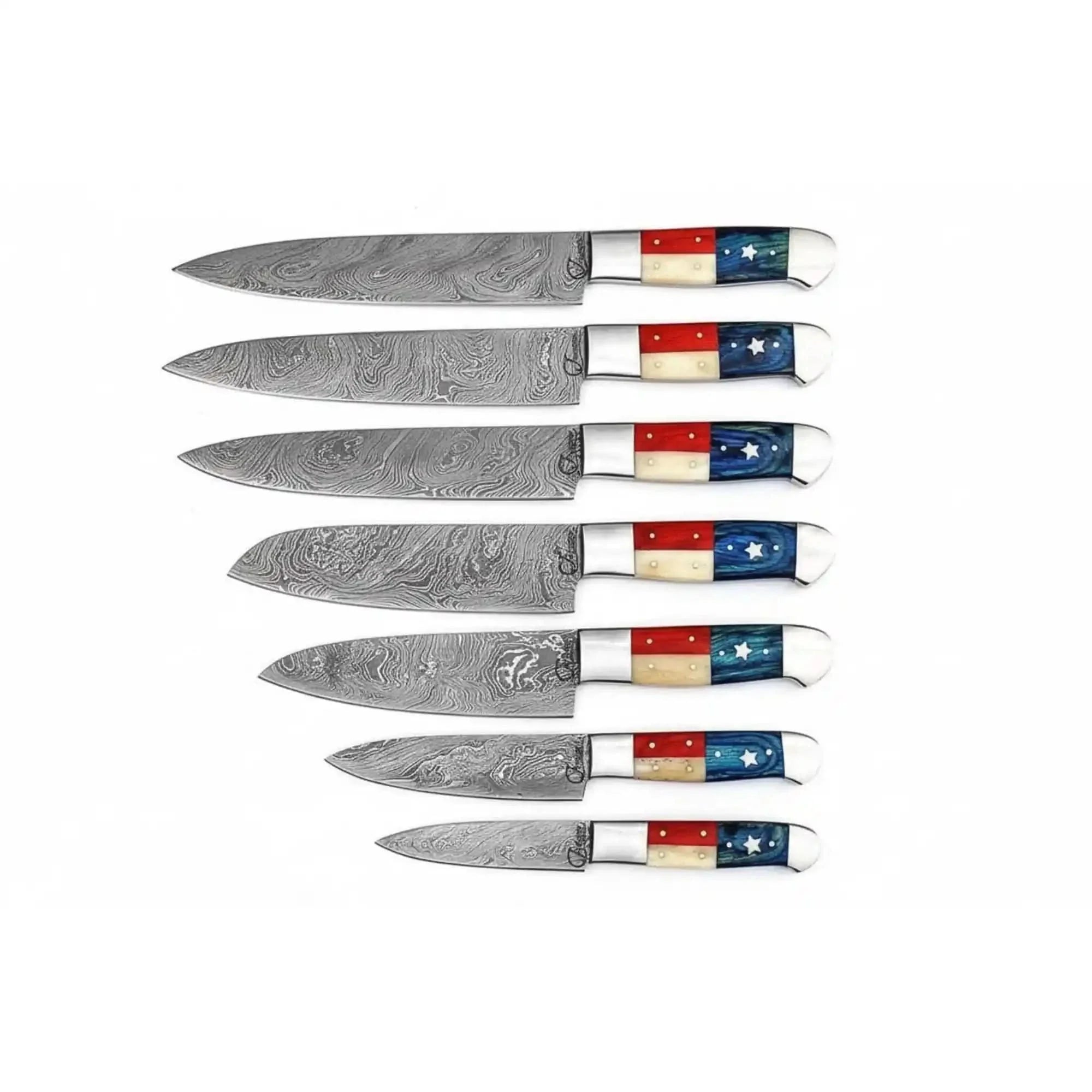 8-Piece Damascus Kitchen Knife Set — Texas Flag Handles, Full Tang Chef, Bread, Santoku, Utility &amp; Paring Knives