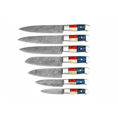 8-Piece Damascus Kitchen Knife Set — Texas Flag Handles, Full Tang Chef, Bread, Santoku, Utility &amp; Paring Knives