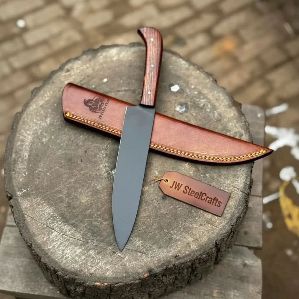 Black Blade Chef Knife Full Tang with Custom Handle &amp; Leather Sheath