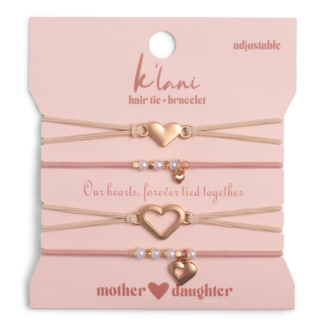 "Mother / Daughter" Pink with Pearls &amp; Gold Hearts Shareable Hair Tie Bracelets