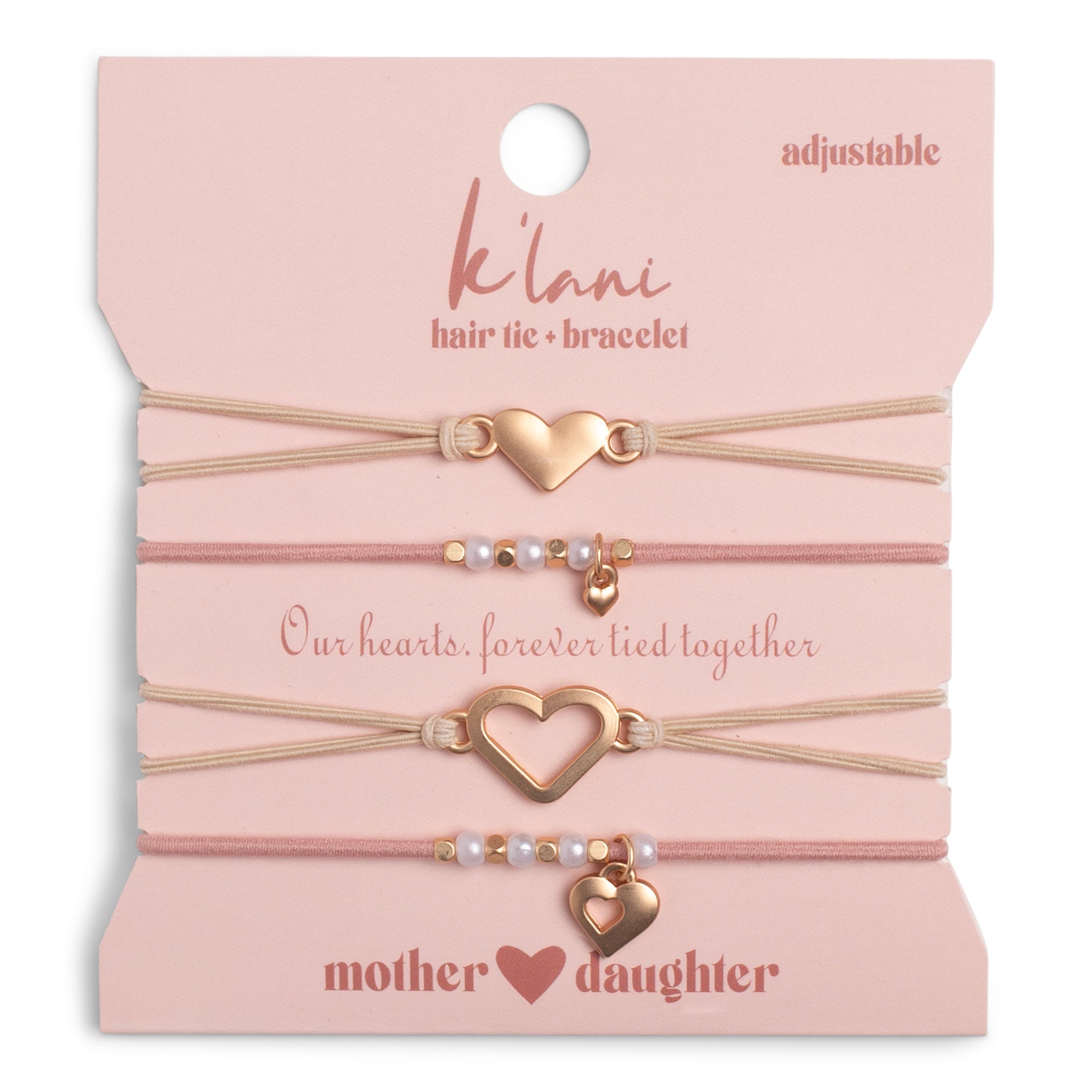 "Mother / Daughter" Pink with Pearls &amp; Gold Hearts Shareable Hair Tie Bracelets
