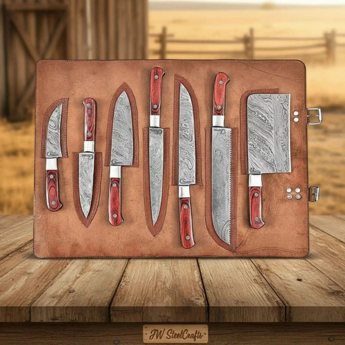 7-Piece Damascus Multi-Knife Set with Bread Knife, Cleaver &amp; Skinner — Red Hardwood Handles, Steel Bolsters &amp; Leather Travel Roll | JW Steel Crafts