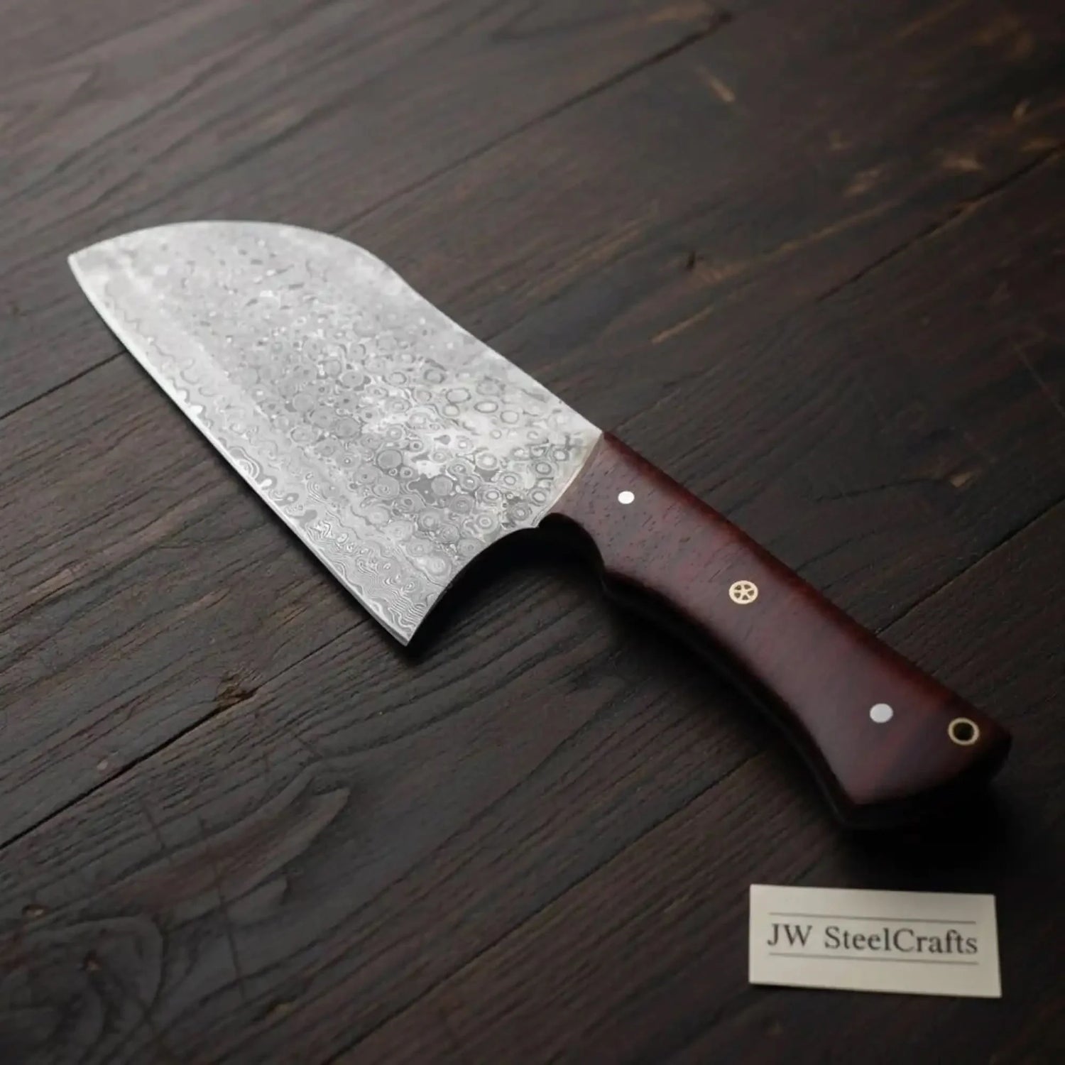 11-Inch Raindrop Damascus Chinese Vegetable Cleaver —  Rosewood Handle &amp; Lanyard Hole