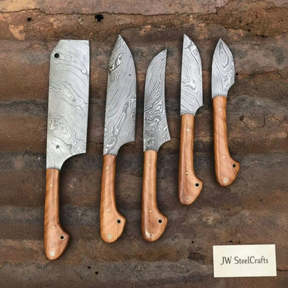 Custom Hand-Forged Damascus 5-Piece Kitchen Knife Set with Olive Wood Handles