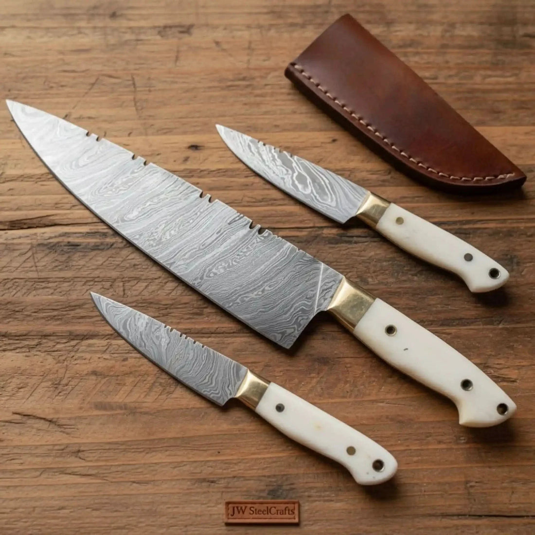 3-Piece Damascus Chinese Cleaver Knife Set – 14" Cleaver, Utility &amp; Paring Knives, White Micarta Handles, Brass Bolsters