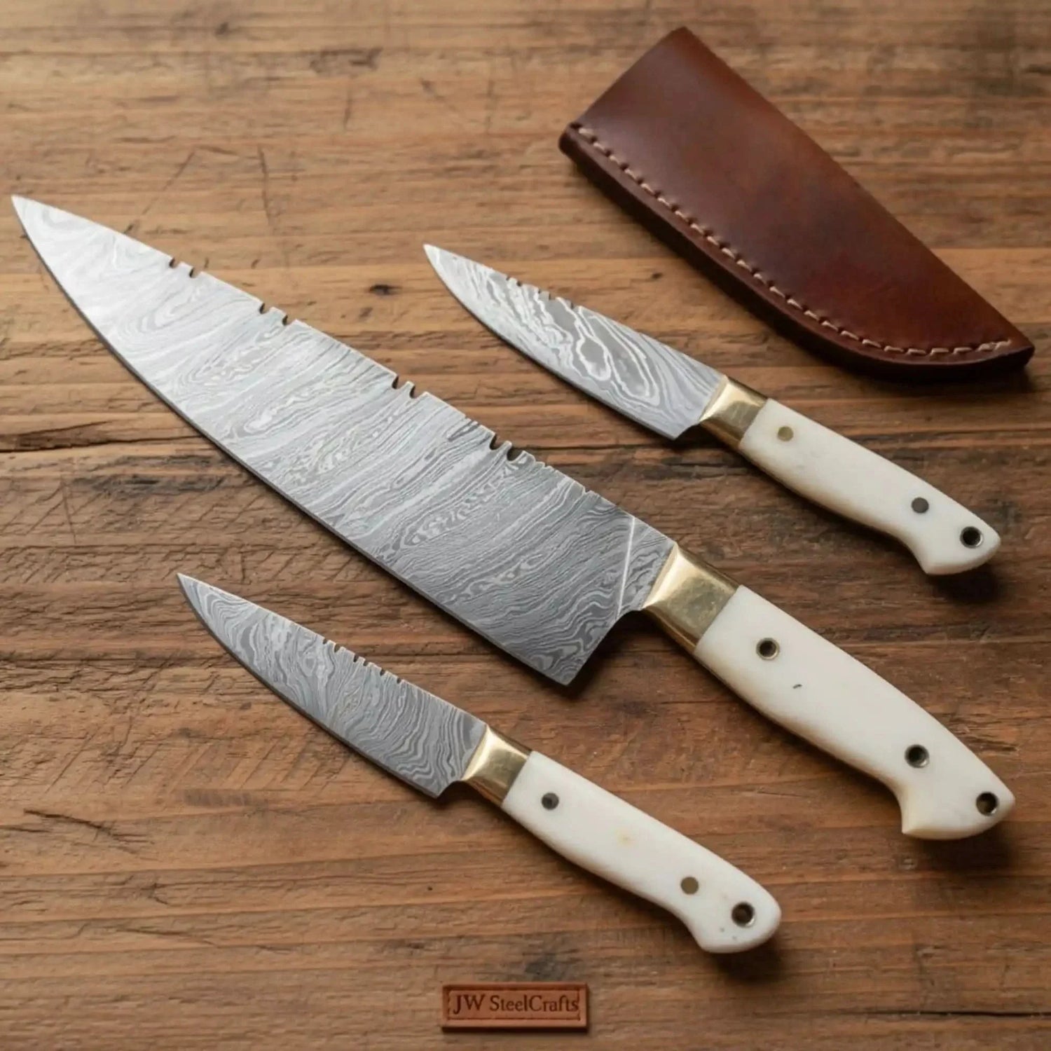 3-Piece Damascus Chinese Cleaver Knife Set – 14" Cleaver, Utility &amp; Paring Knives, White Micarta Handles, Brass Bolsters