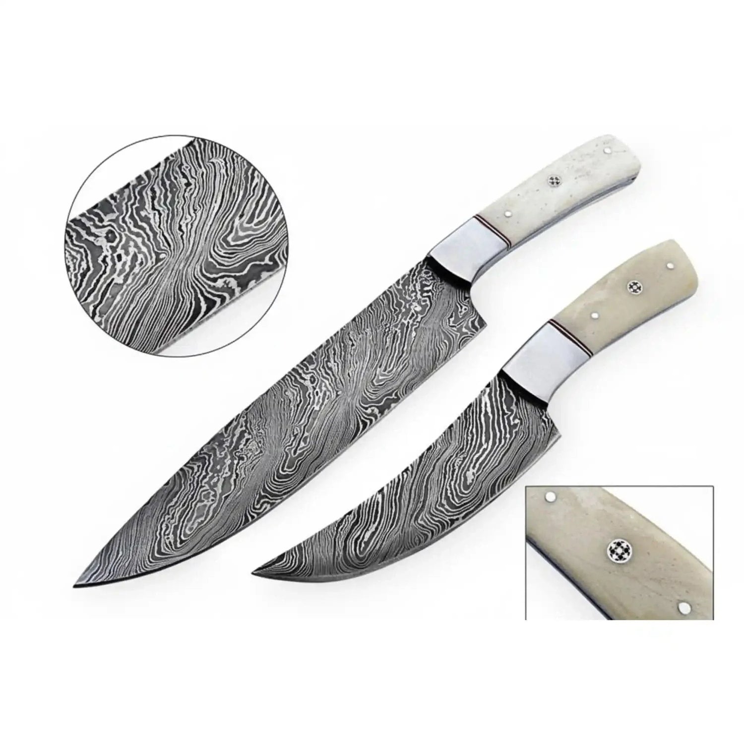 2-Piece Damascus Chef Knife Set — 10 &amp; 8 Inch Wave Pattern Blades, White Camel Bone Handles &amp; Steel Bolsters | JW Steel Crafts