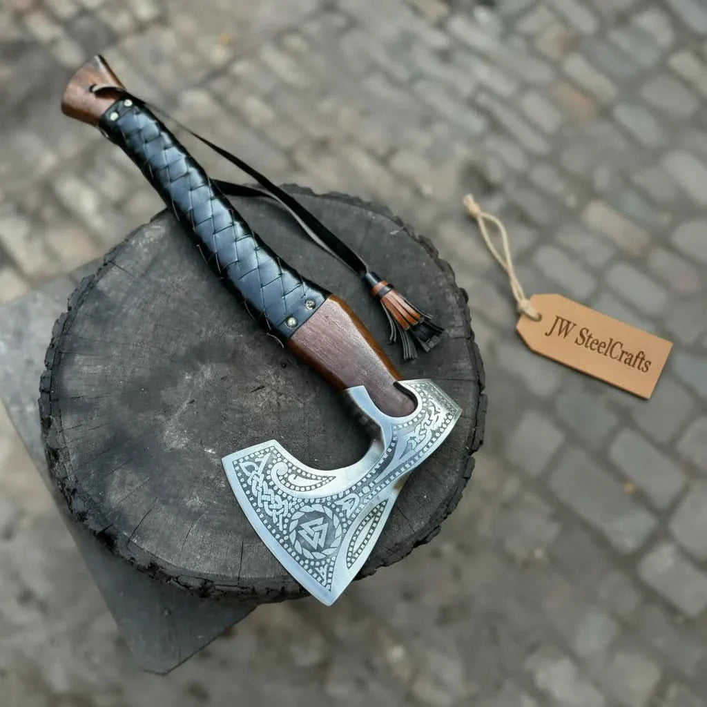 Viking Axe with Leather Wrapped Handle &amp; Engraved Head – JW SteelCrafts