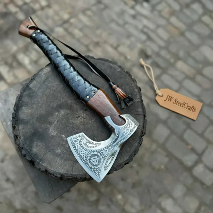 Viking Axe with Leather Wrapped Handle &amp; Engraved Head – JW SteelCrafts