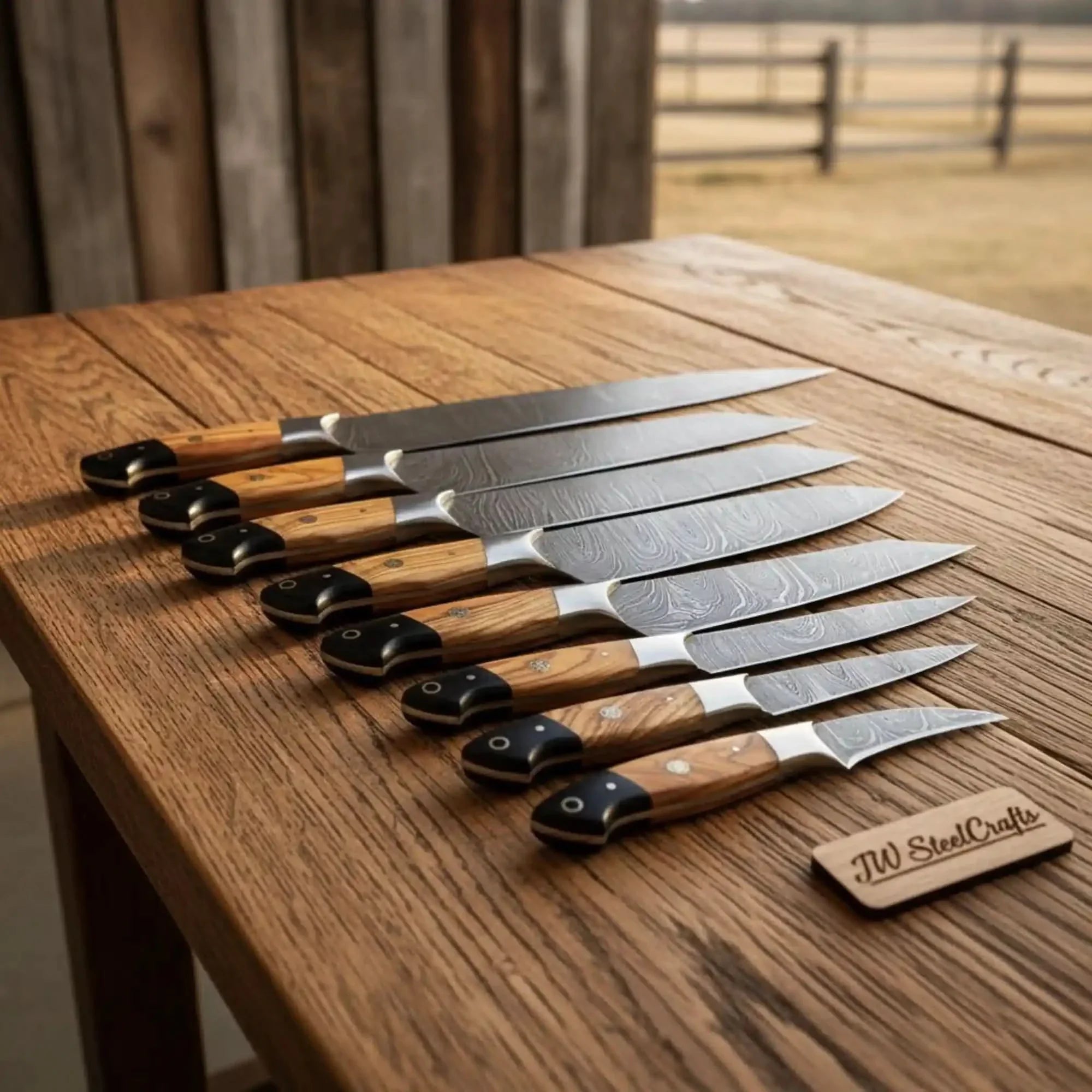 8-Piece Damascus Fillet &amp; Precision Utility Knife Set — Olive Wood &amp; Black Resin Handles, Full Tang with Steel Bolster