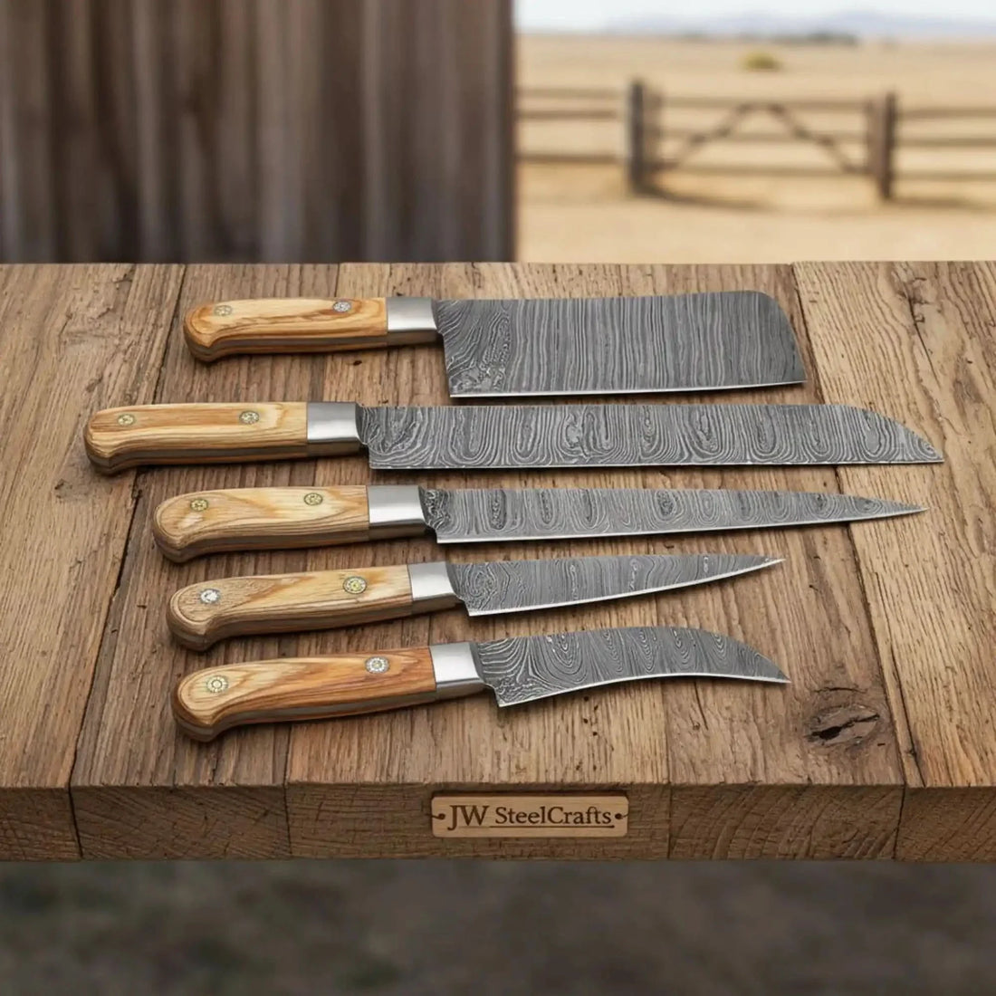 5-Piece Full Tang Damascus Kitchen Knife Set — Chinese Cleaver, Long Slicer &amp; Olive Wood Handles