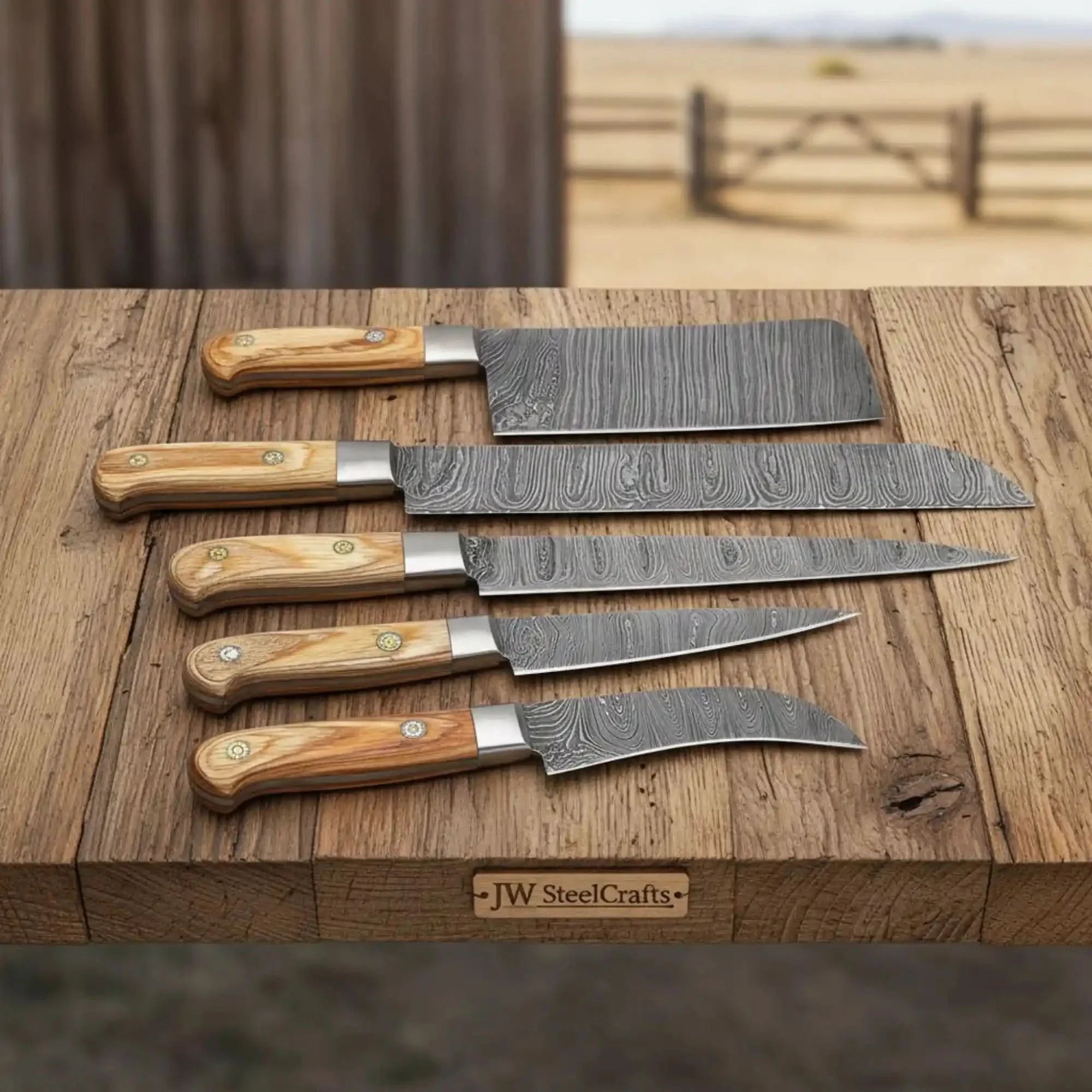 5-Piece Full Tang Damascus Kitchen Knife Set — Chinese Cleaver, Long Slicer &amp; Olive Wood Handles