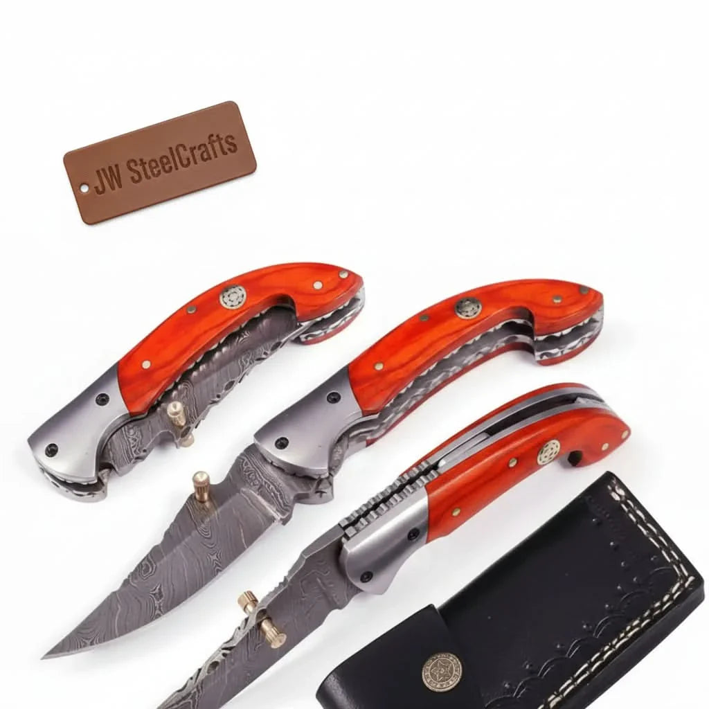 Handmade Damascus Folding Knife with Orange Pakka Wood Handle &amp; Leather Sheath