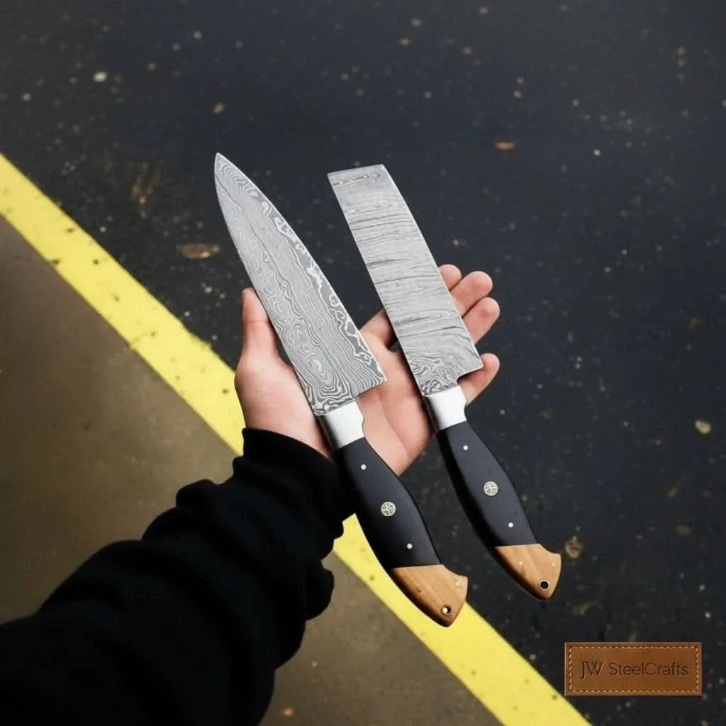 Damascus Chef Knife &amp; Chinese Cleaver Set with Olive Wood &amp; Black Resin Handles