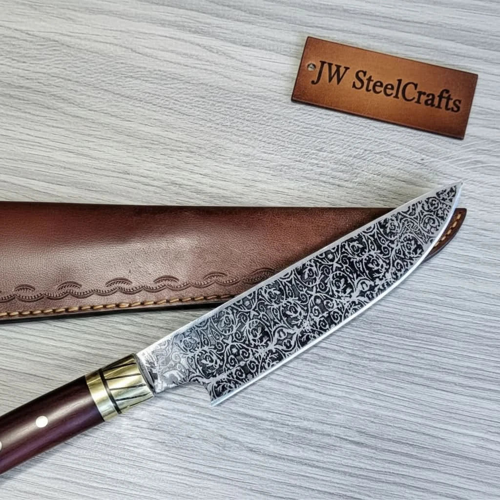 8” Acid-Etched Gyuto Chef Knife with Rosewood Handle &amp; Brass Bolster (Full Tang)