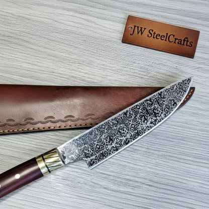 8” Acid-Etched Gyuto Chef Knife with Rosewood Handle &amp; Brass Bolster (Full Tang)