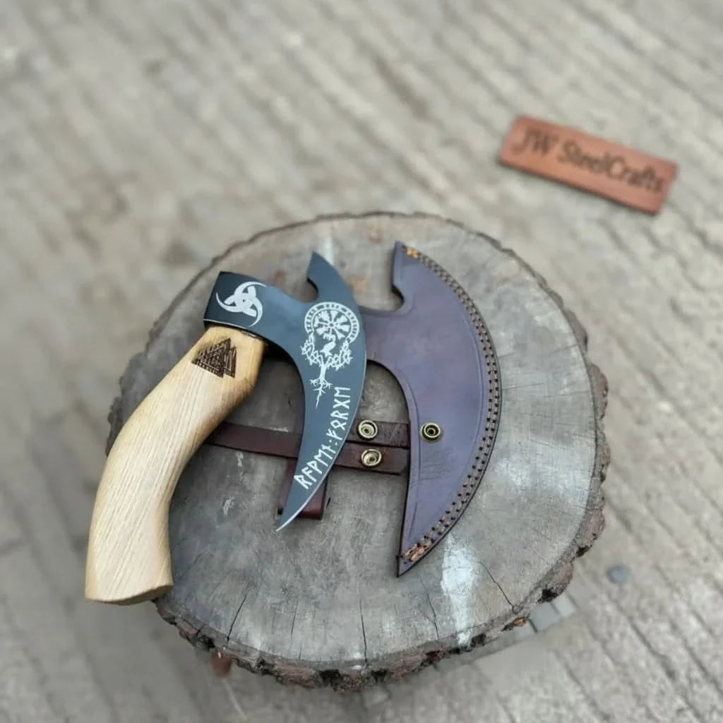 Product: Viking Style Engraved Bearded Axe – Oak Wood Handle
