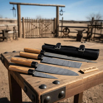 4-Piece Twisted Damascus Kitchen Knife Set — Chef, Nakiri, Slicer &amp; Paring with Olive Wood Wa Handles &amp; Black Leather Roll | JW Steel Crafts