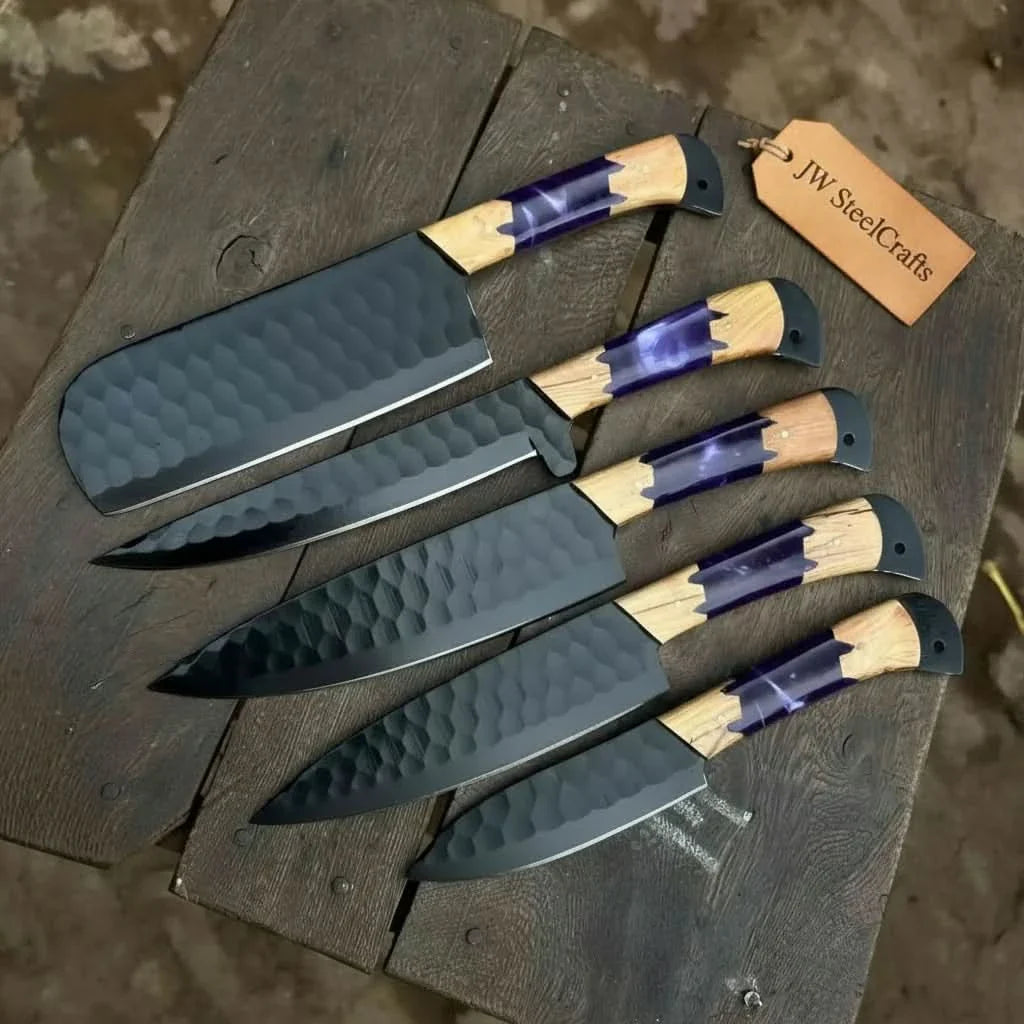 5-Piece Hand-Forged Chef Knives Set – Black Blades, Purple Resin &amp; Olive Wood Handles