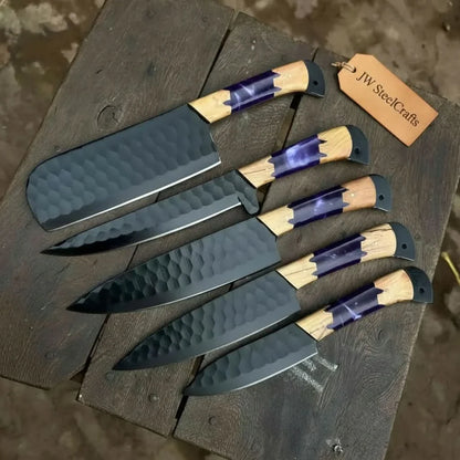 5-Piece Hand-Forged Chef Knives Set – Black Blades, Purple Resin &amp; Olive Wood Handles
