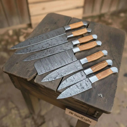 7-Piece Handmade Damascus Chef Knife Set with Wood Handles (Professional Kitchen Set)