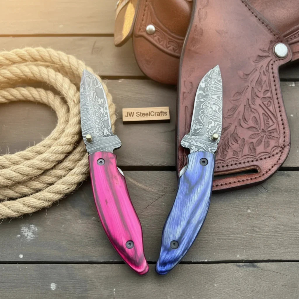 Persian Damascus Folding Knife Set 7” opened Pink &amp; Blue Pakka Wood EDC Blades