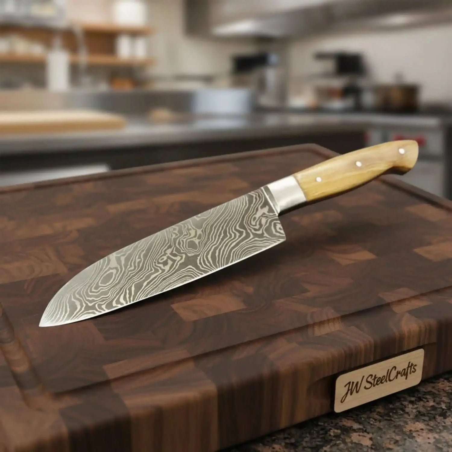 Handmade Damascus Gyuto Chef Knife – Olive Wood Handle, Steel Bolster &amp; Full Tang Blade