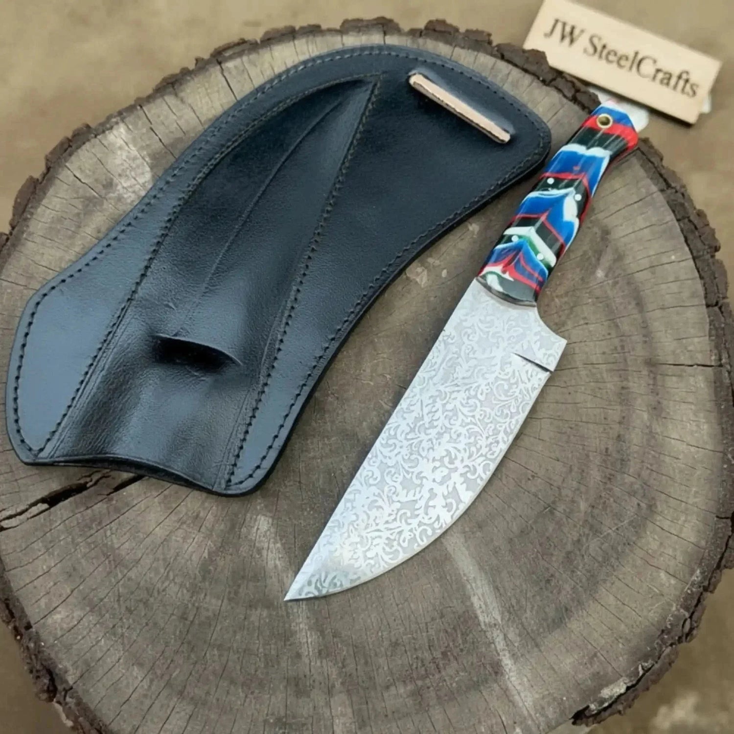 Serbian Utility Knife 9” – Acid Etched Blade with Resin Handle &amp; Leather Sheath