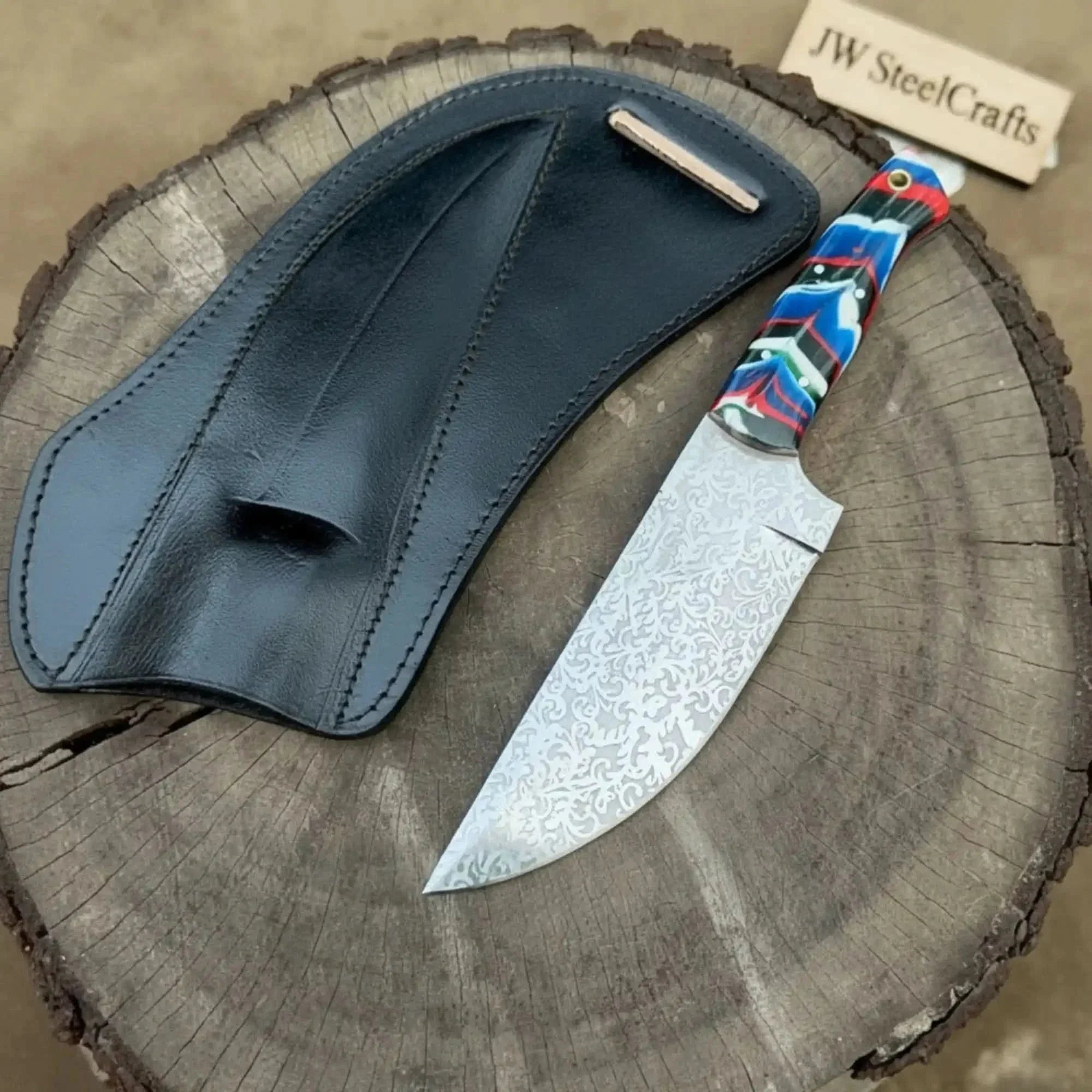 Serbian Utility Knife 9” – Acid Etched Blade with Resin Handle &amp; Leather Sheath