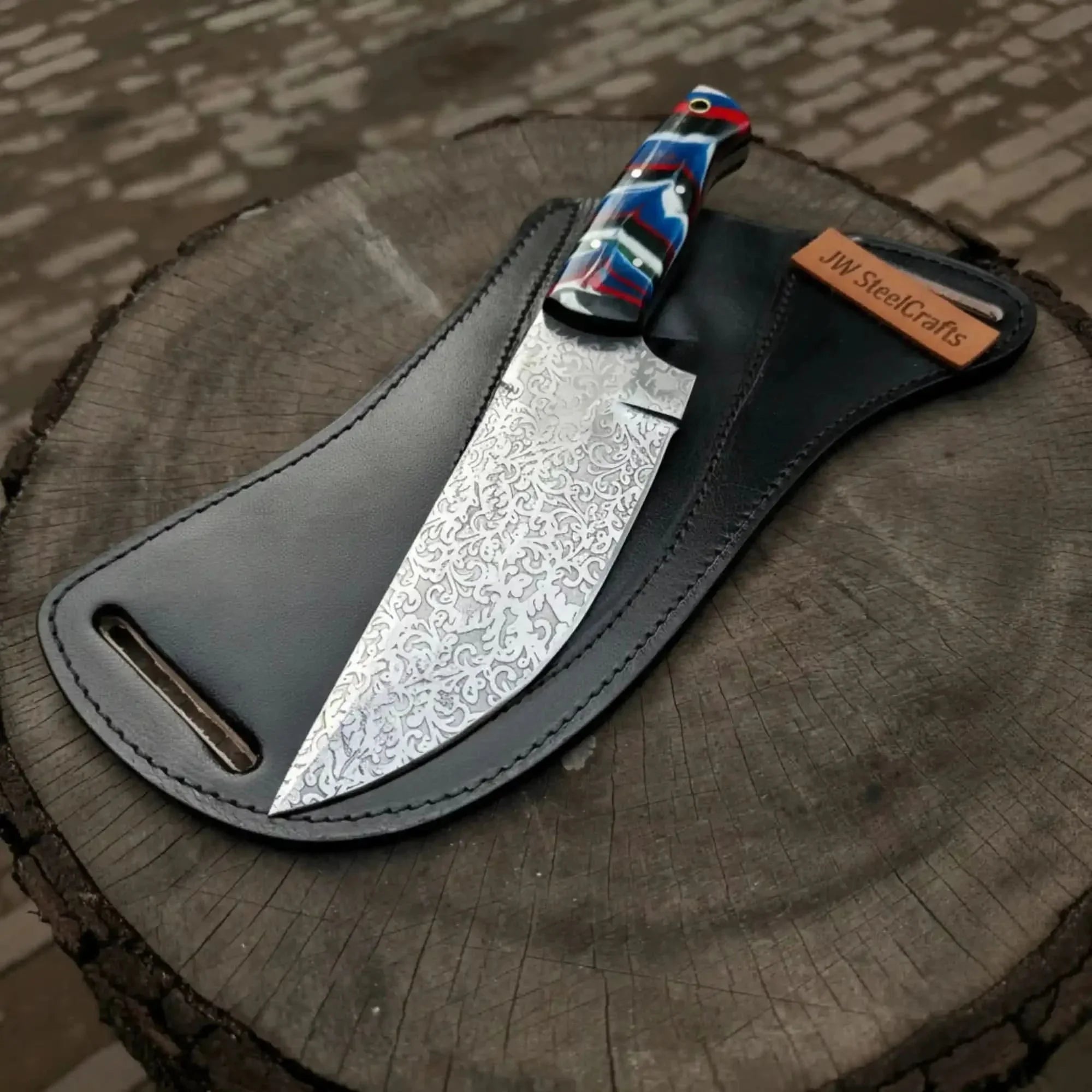 Serbian Utility Knife 9” – Acid Etched Blade with Resin Handle &amp; Leather Sheath