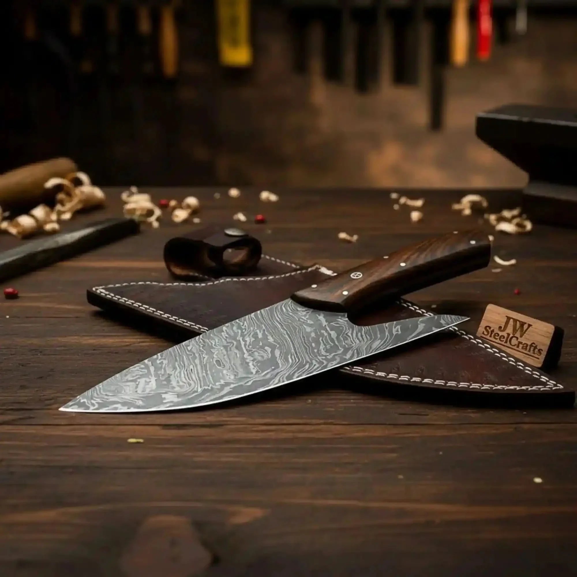 French-Style Damascus Chef Carving Knife – Fire Pattern Blade, 10" Overall, Rosewood Handle with Mosaic &amp; Brass Pins