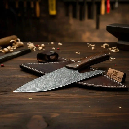 French-Style Damascus Chef Carving Knife – Fire Pattern Blade, 10" Overall, Rosewood Handle with Mosaic &amp; Brass Pins